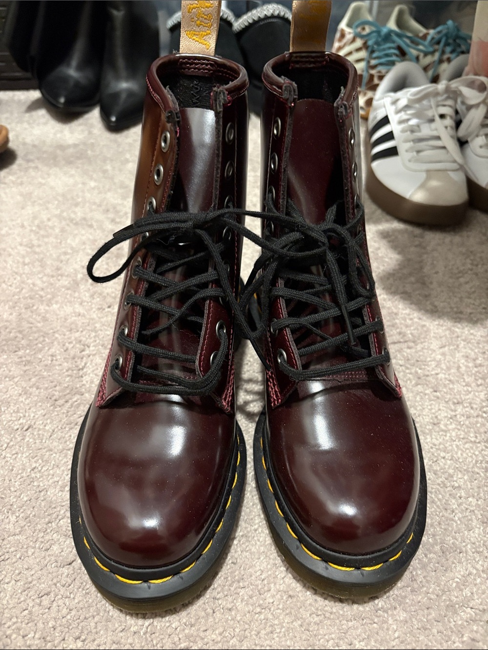 Dr. Martens Burgundy Leather Lace-Up Boots with Yellow Stitching